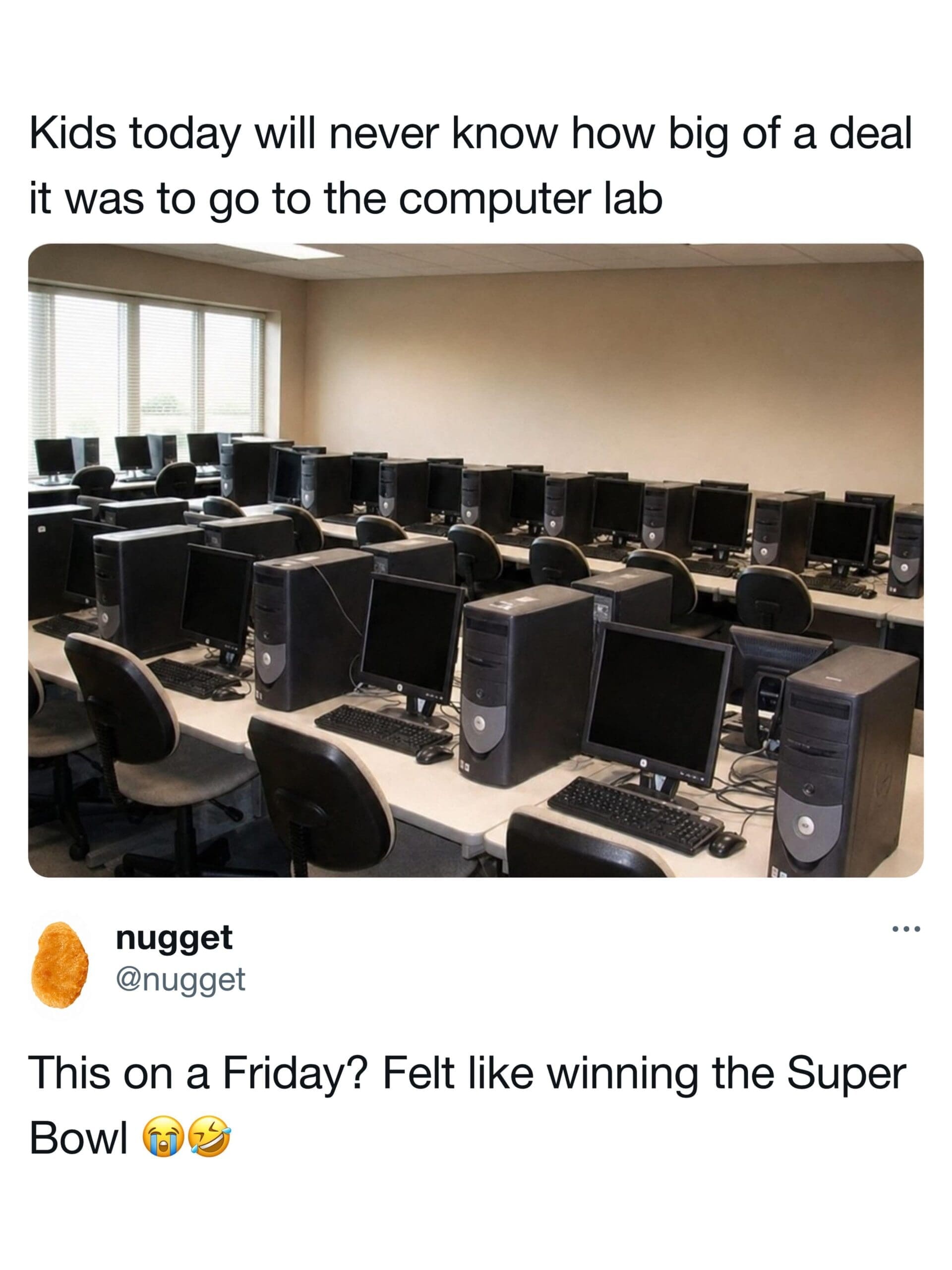 Rows of black CRT desktop computers in an empty school computer lab, paired with a nostalgic tweet comparing Friday computer lab visits to winning the Super Bowl.