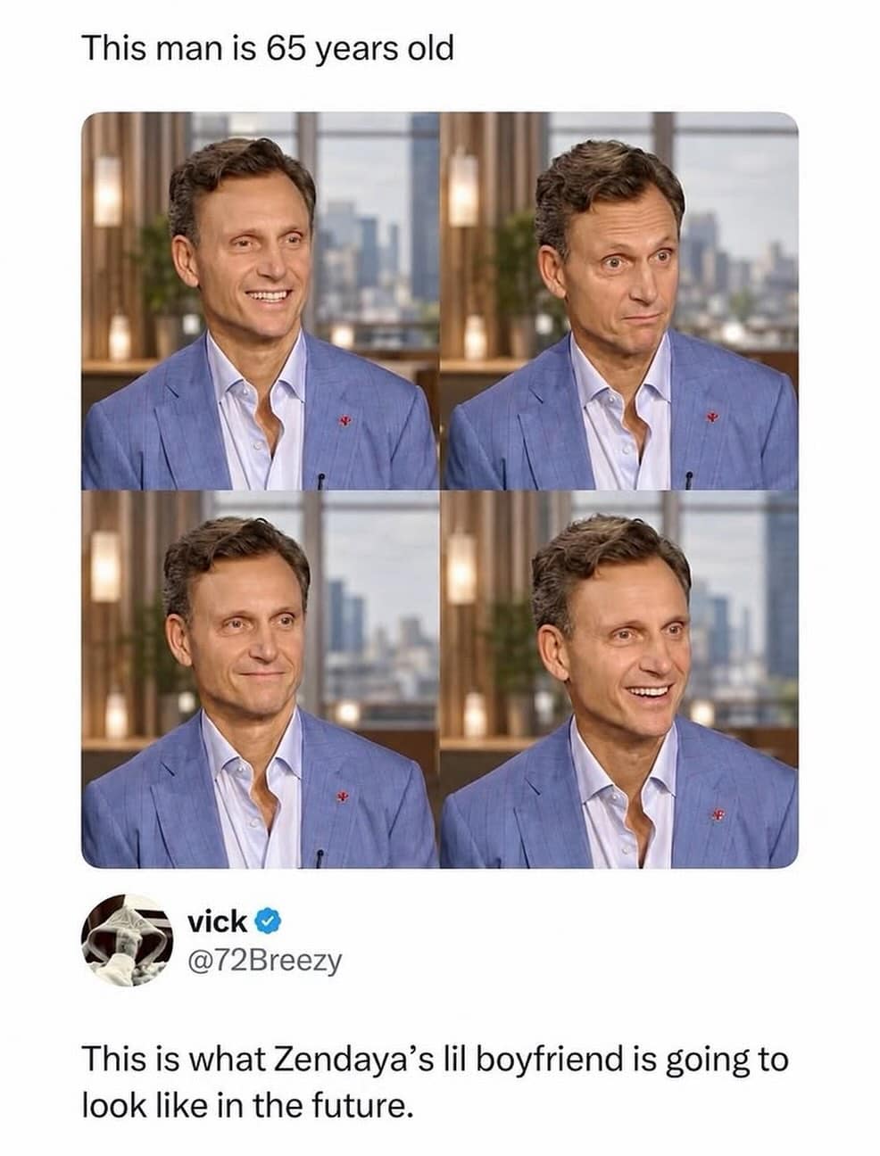 Four photos of actor Tony Goldwyn in a blue suit, paired with a social media comment comparing his appearance to an older Tom Holland.