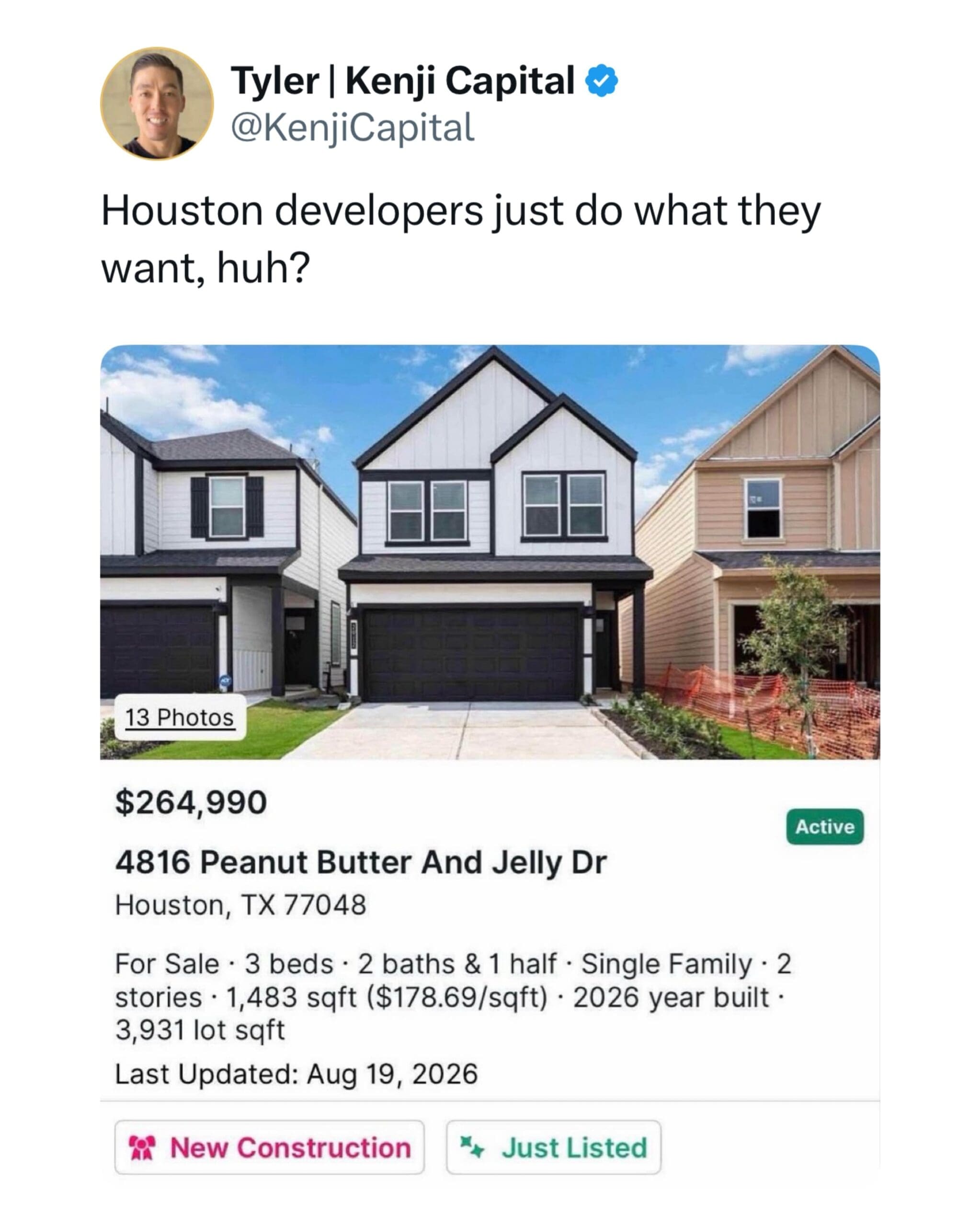 Real estate listing screenshot for a new construction house on "Peanut Butter And Jelly Dr" in Houston, Texas, mocking bizarre suburban street naming decisions.