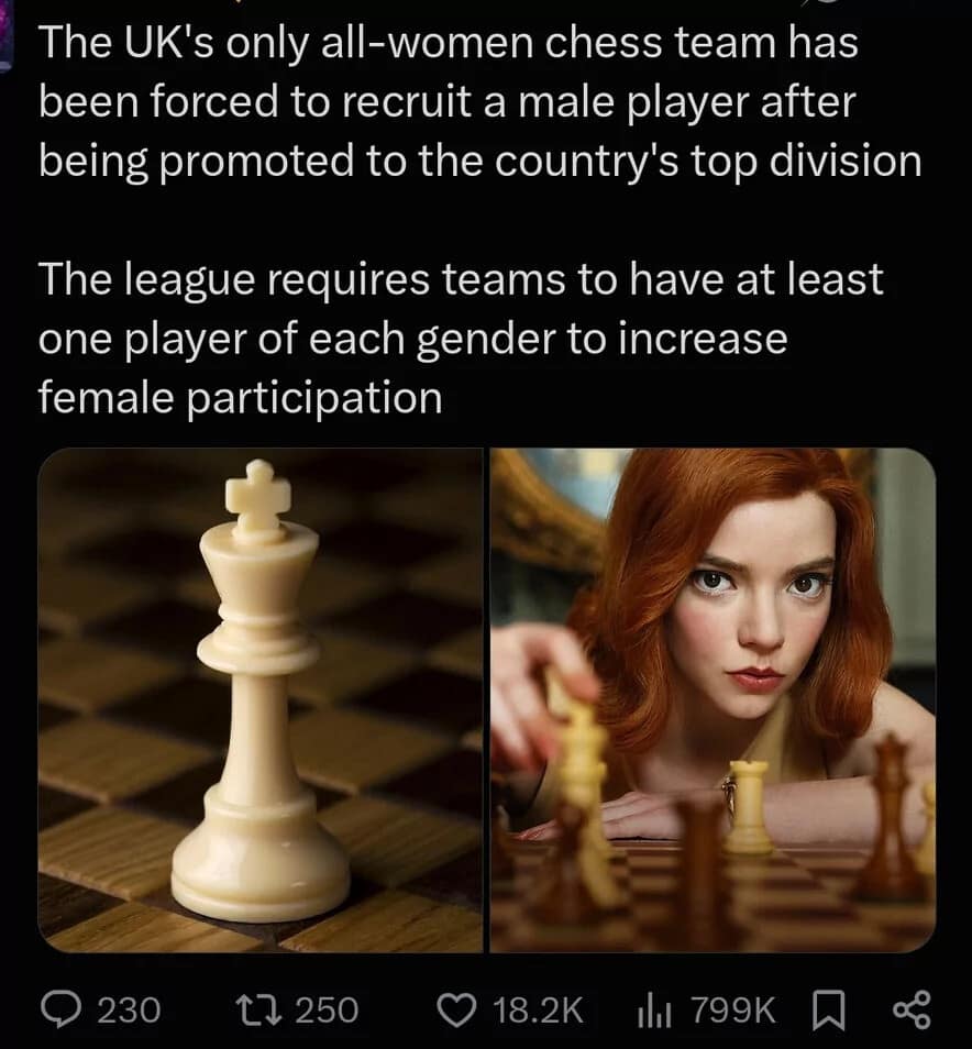 An ironic sports news headline post serving as a hilarious meme reporting that the UK's only all-women chess team had to recruit a male player to satisfy female participation diversity rules.