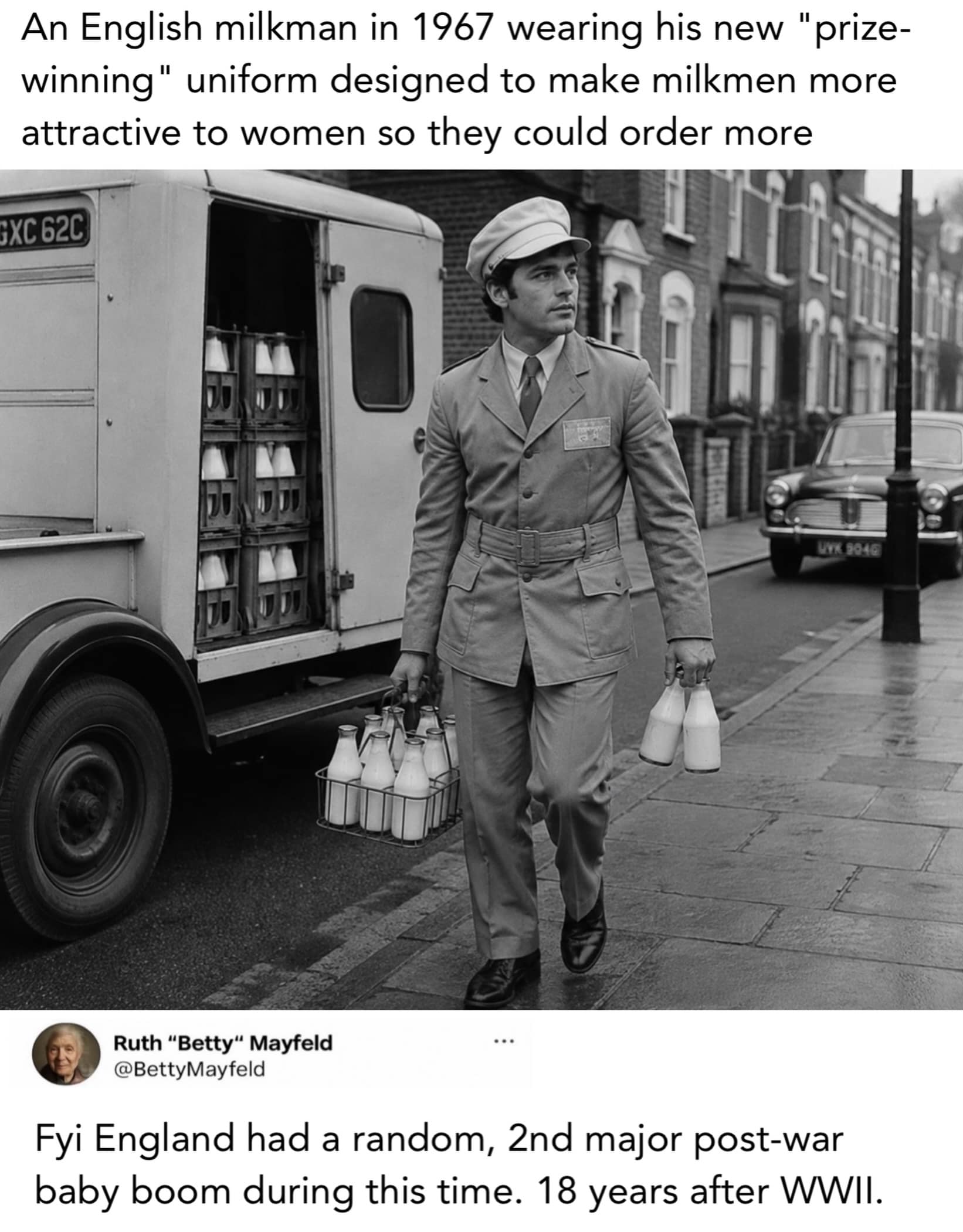 Historical photo of a dashing 1967 English milkman featured as a funny picture in this meme dump alongside a comment noting a sudden British baby boom that year.