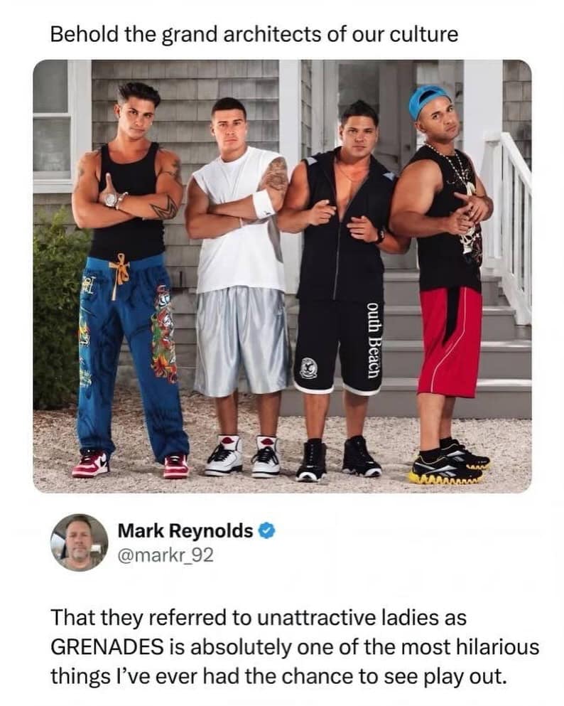 A reality TV nostalgia meme dump image featuring the male cast of Jersey Shore, accompanied by a tweet marveling at their legendary 2010s club slang.
