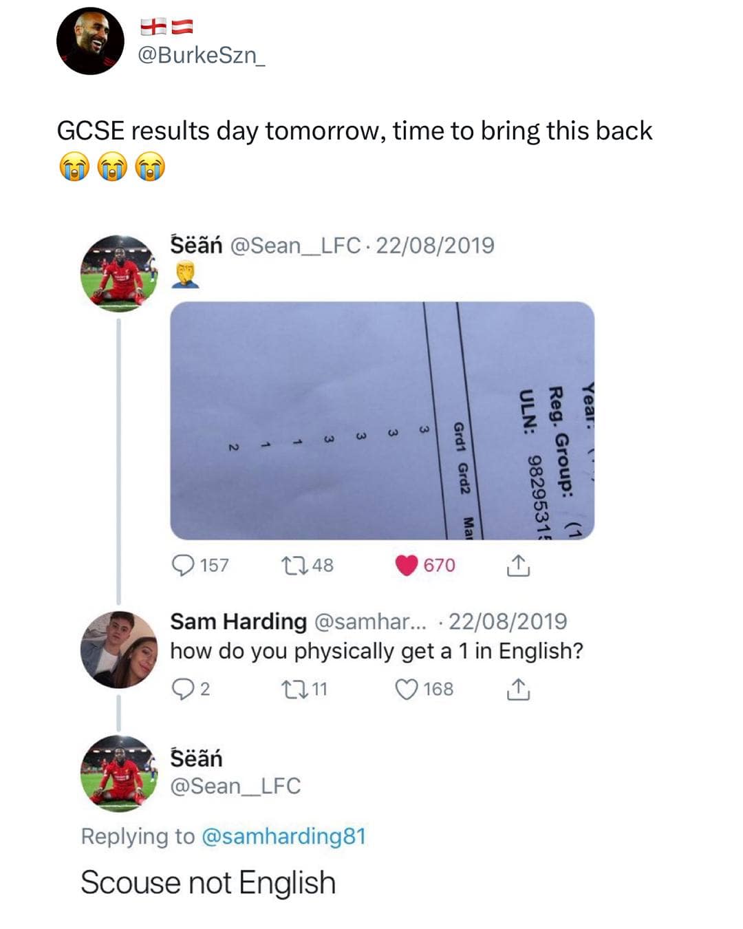 Twitter thread showing UK GCSE exam results with low scores and a funny reply explaining a score of 1 in English as speaking Scouse.