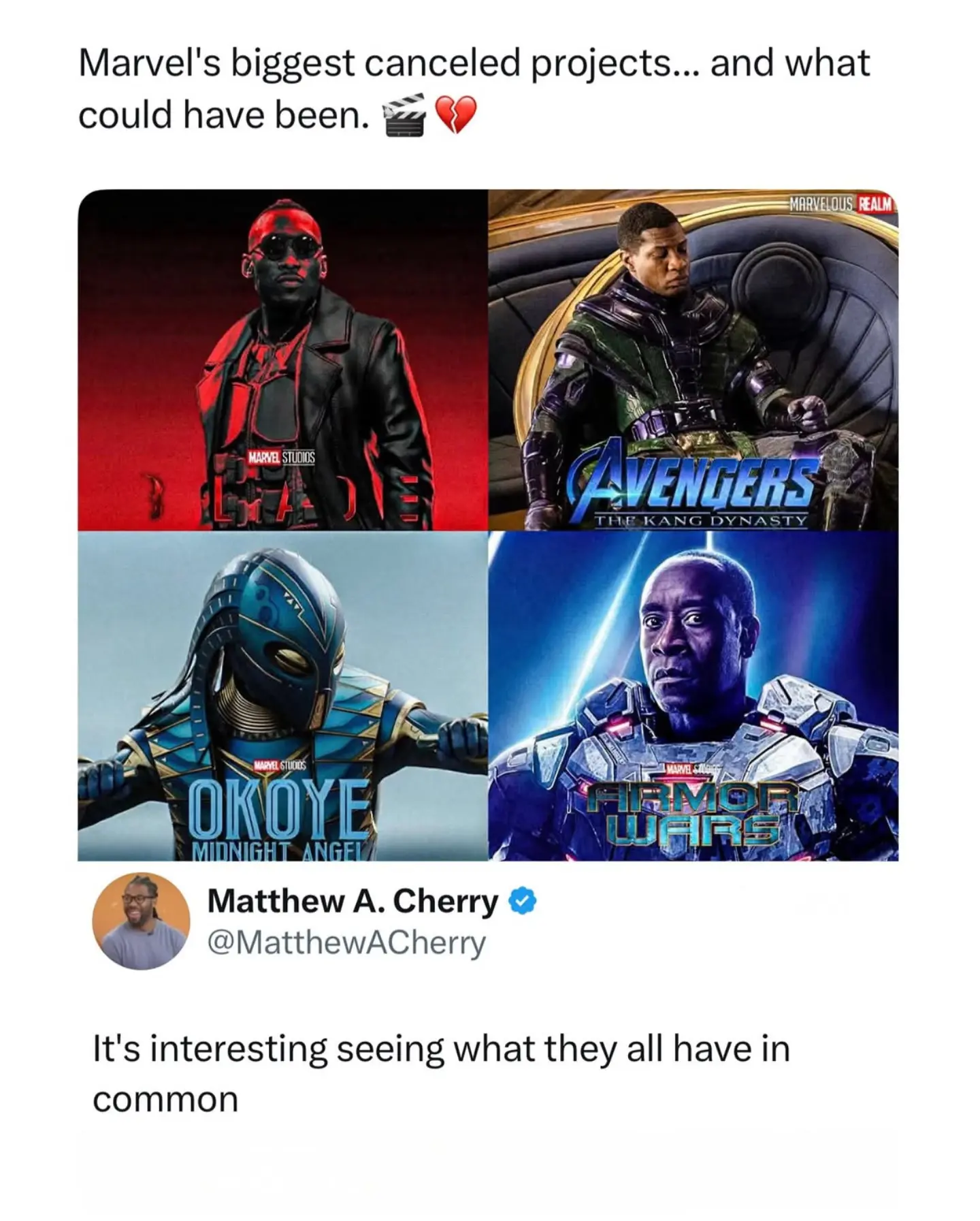 Four-panel graphic showcasing cancelled Marvel Cinematic Universe projects like Blade and Armor Wars, accompanied by a quote tweet pointing out cast commonalities.