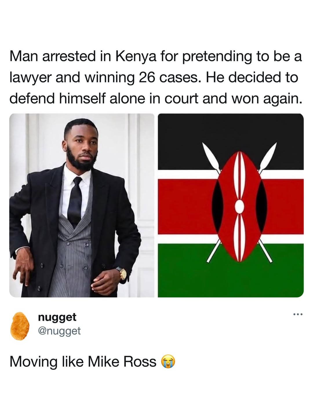 Social media post recounting a fake Kenyan lawyer who won 26 cases and successfully defended himself in court, compared to Suits character Mike Ross as a funny meme.