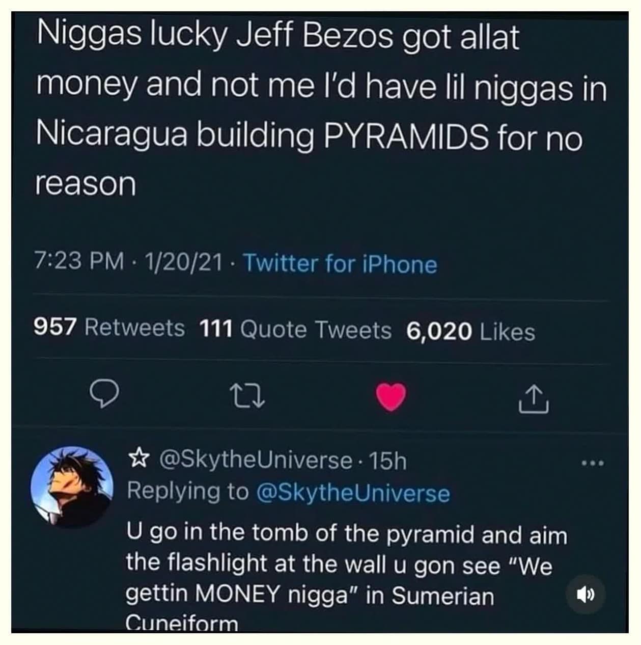Social media post joking about how someone would spend billionaire fortunes building random ancient pyramids in Nicaragua.