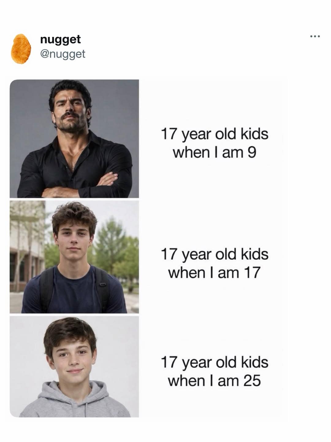 Three-panel meme visualising how the perception of 17-year-olds changes from a rugged adult at age 9 to a literal young child by age 25.