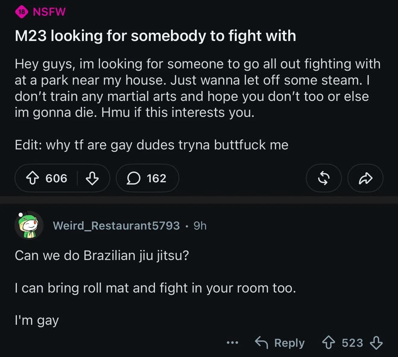 A hilarious Reddit screenshot in this meme dump showing a guy asking strangers for an untrained park fight, followed by a confused edit and a direct response offering Brazilian Jiu-Jitsu.