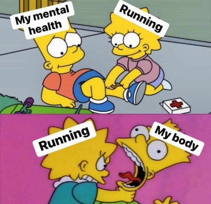 An exercise mental health contrast hilarious meme using The Simpsons panels, showing Lisa gently bandaging Bart to represent running helping mental health, followed by Lisa violently choking Bart to represent running destroying the body.