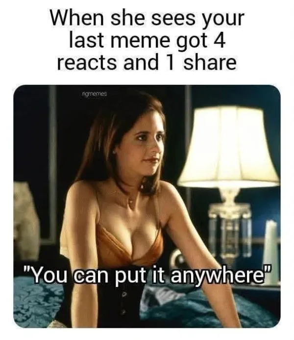 An internet popularity satire meme dump featuring Sarah Michelle Gellar in lingerie offering full romance after a meme gets 4 reactions and a share.