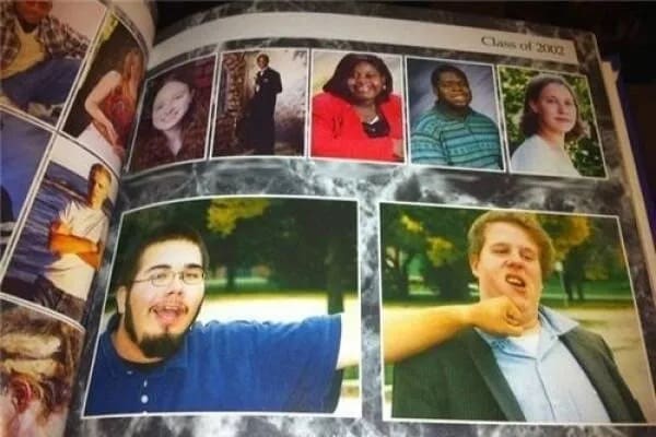 A perfectly coordinated high school yearbook photo prank in this meme dump showing one student throwing a punch out of his frame into another student's adjacent portrait.