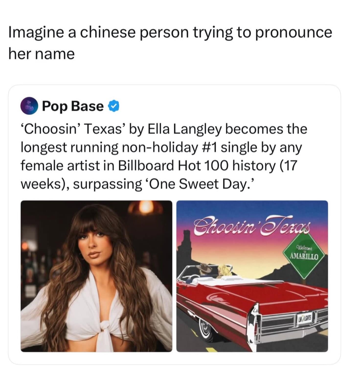 Pop Base tweet announcing Ella Langley's record-breaking country hit, topped with a joke about trying to pronounce her name in Mandarin in a viral funny meme.