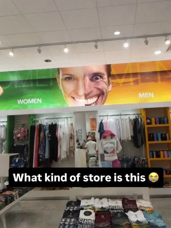 A retail sign design error in this meme dump where a department store banner splits "WOMEN" and "MEN" sections by merging a normal woman's face with the creepy Jerma "Sus" meme face.