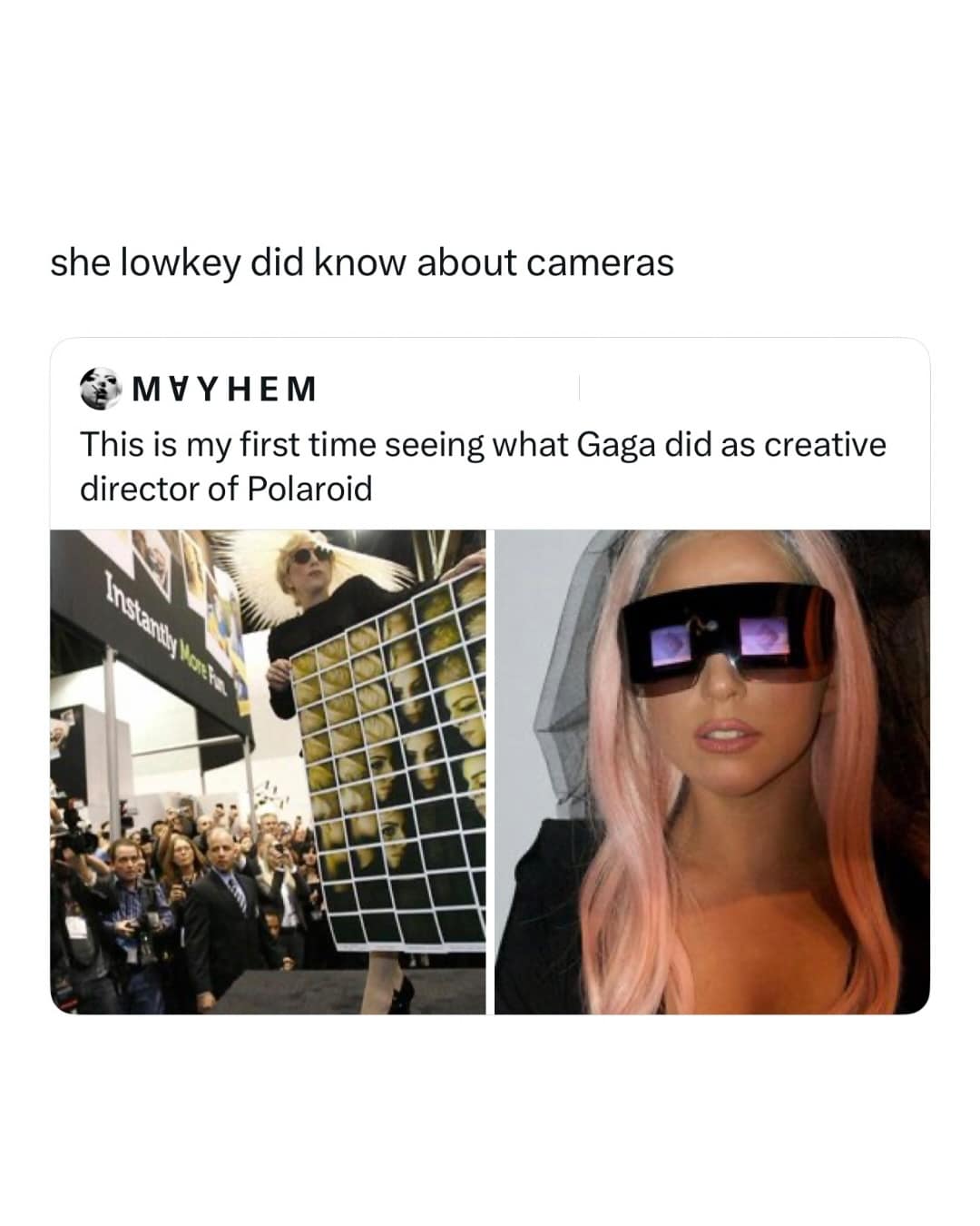 A pop icon technology meme dump screenshot showcasing Lady Gaga's futuristic camera-display sunglasses during her era as creative director for Polaroid.