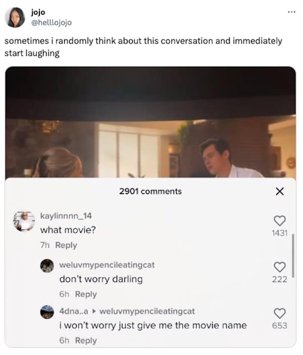 Comment section screenshot on a movie clip where a user mistakes the title Don't Worry Darling for a polite reassurance rather than the actual film title.