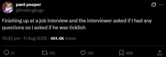 Dark mode text tweet about completely derailing a formal job interview at the final moment by asking the interviewer if they are ticklish.
