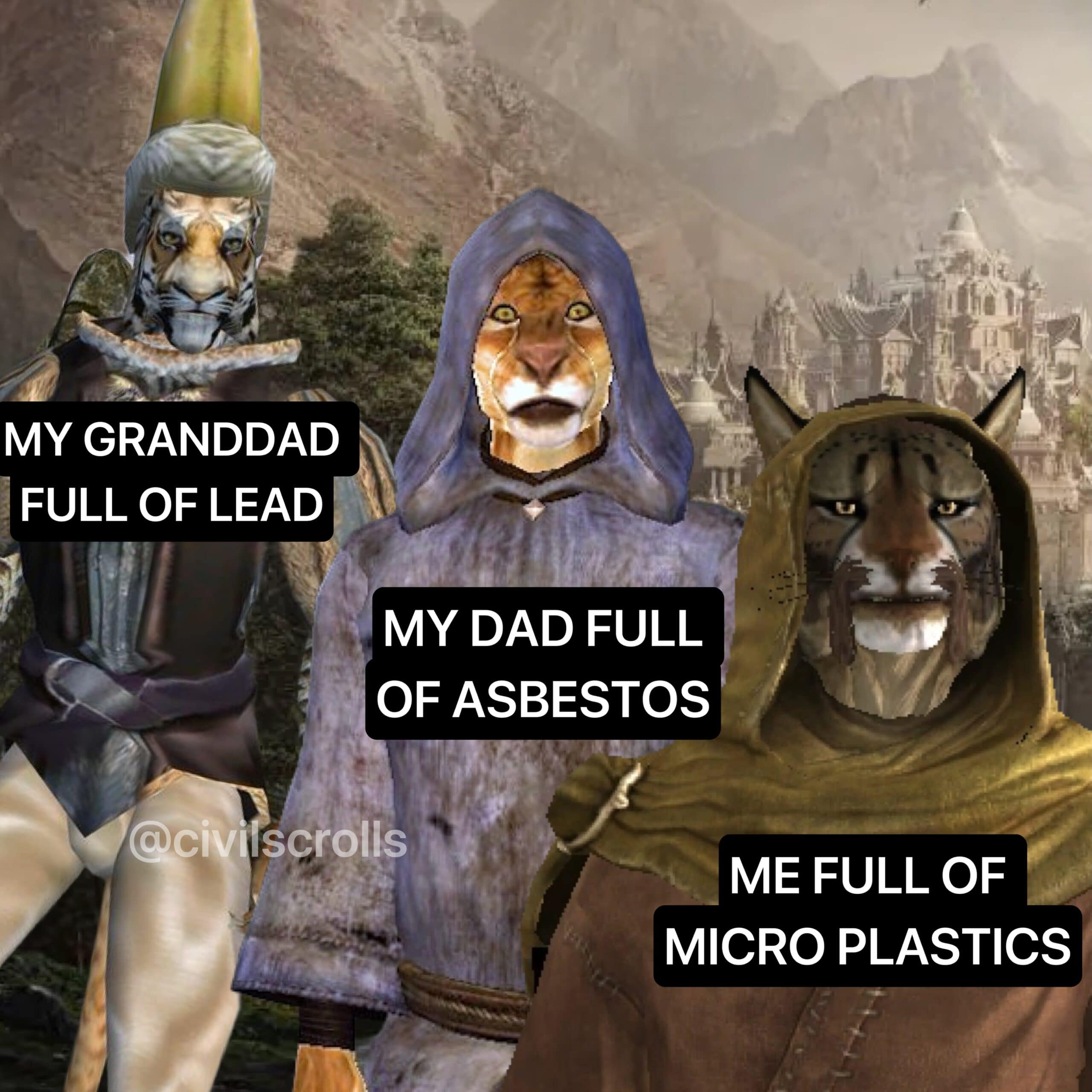 An Elder Scrolls Khajiit evolutionary comparison in this meme dump charts generational toxins from granddads full of lead to dads full of asbestos and modern youth full of microplastics.