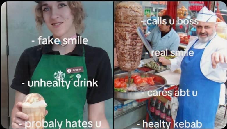 A fast food vendor comparison funny meme contrasting a Starbucks barista's fake smile and unhealthy drink with a kebab vendor calling you "boss" with a real smile.