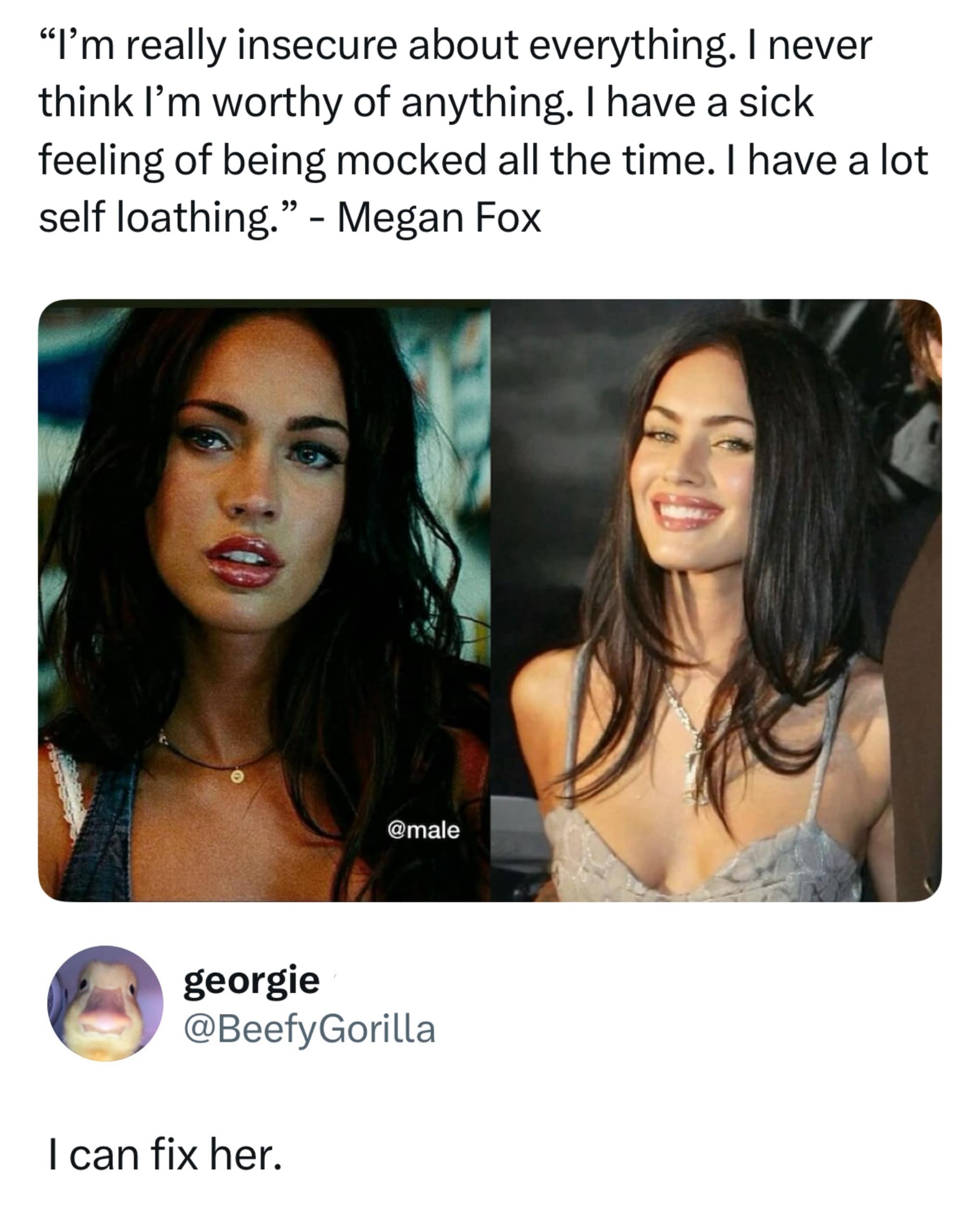 A viral dating humor post in this meme dump pairing a quote from Megan Fox about self-loathing with a tweet reply stating "I can fix her."