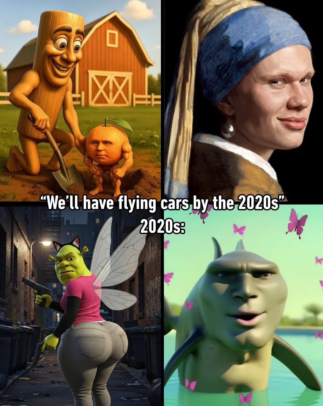 A surreal AI internet brainrot collage in a meme dump mocking 2020s expectations with Erling Haaland as Girl with a Pearl Earring, fairy Shrek with guns, and a handsome dolphin.