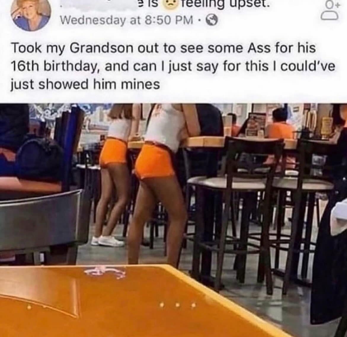 Facebook post from a grandmother reviewing a 16th birthday trip to Hooters for her grandson, humorously complaining about the view in a classic funny meme screenshot.