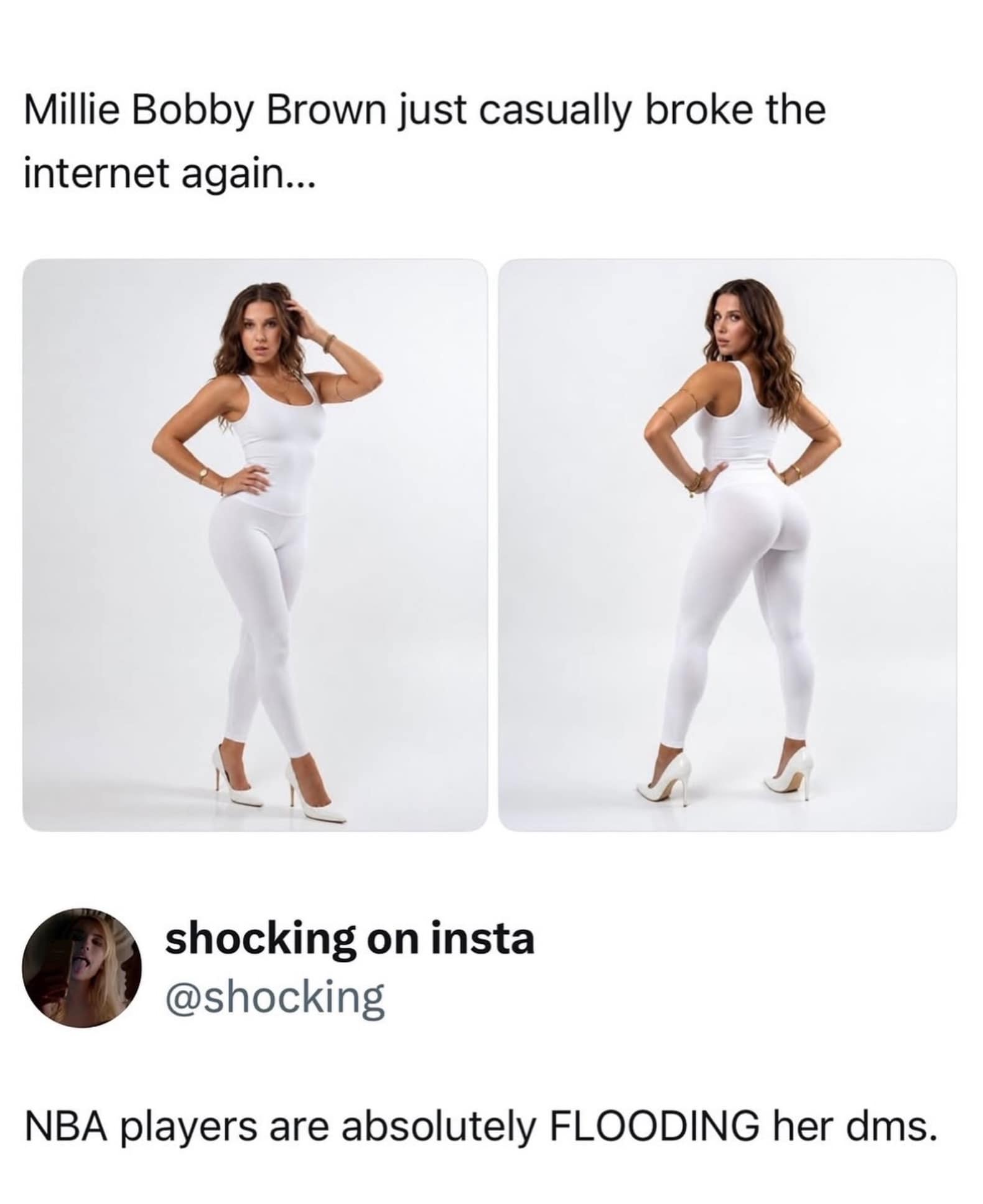 Photoshoot photos of Millie Bobby Brown posing in a sleek white jumpsuit and heels, paired with a commentary tweet about NBA players in her direct messages.