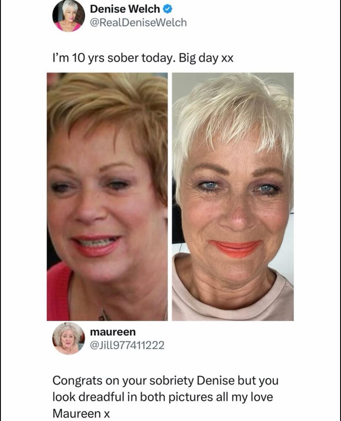 A brutal social media comment screenshot in this meme dump where a woman congratulates someone on 10 years of sobriety while ruthlessly adding that she looks dreadful in both photos.