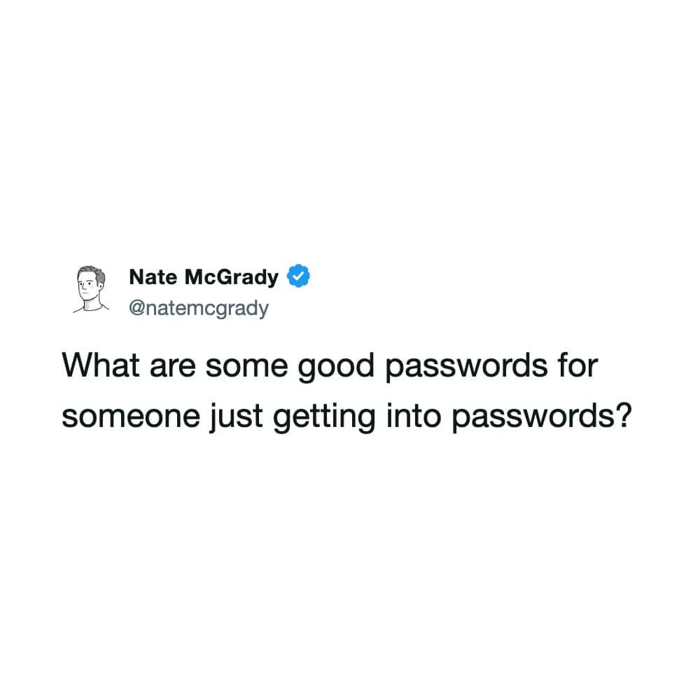Satirical text tweet by Nate McGrady casually asking for beginner password recommendations as if online security was an entry-level hobby in a meme dump.