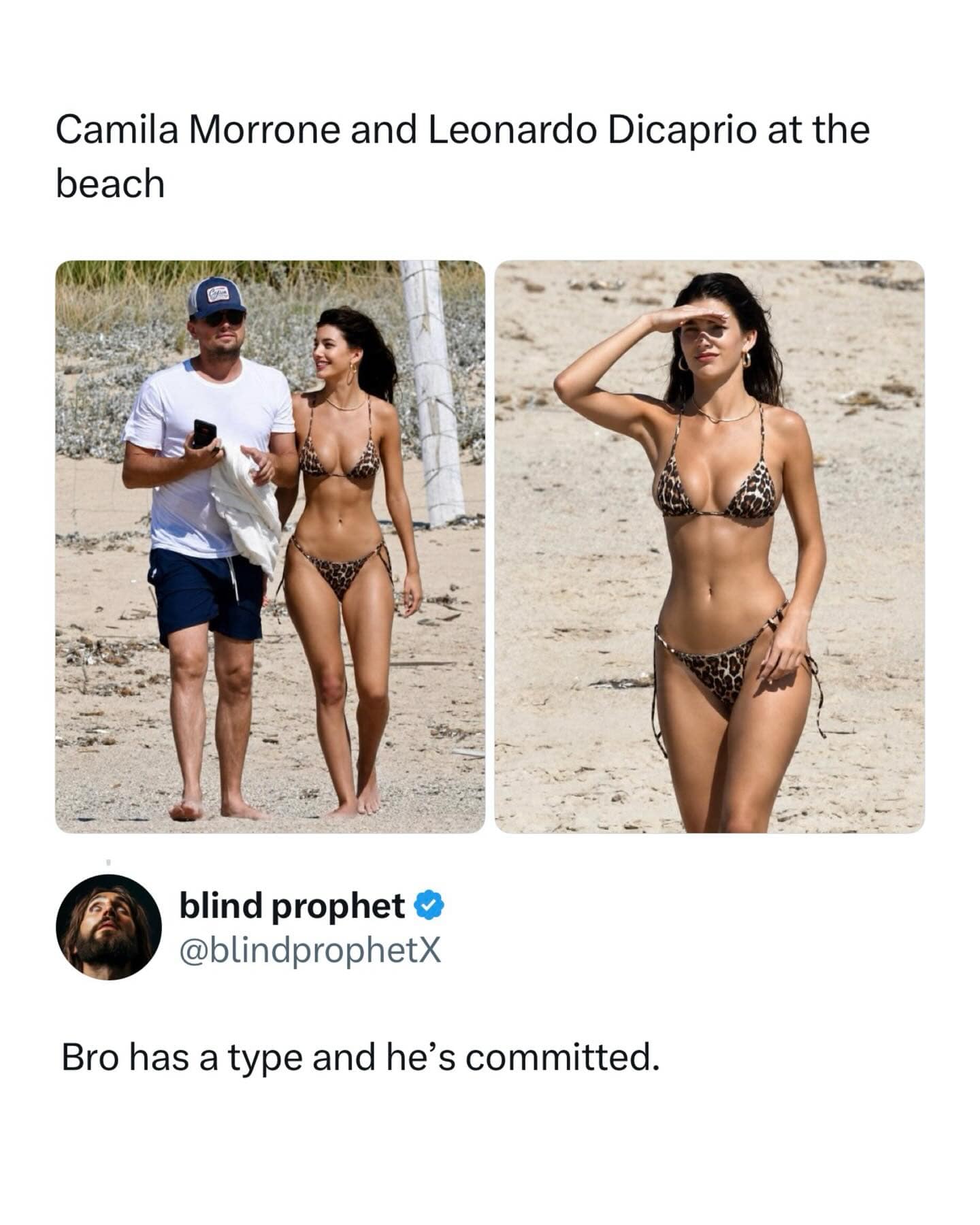 A celebrity dating observation in the meme dump shows Leonardo DiCaprio walking on a sunny beach with Camila Morrone, paired with a tweet noting his unwavering commitment to a specific type.