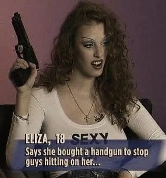 A retro talk show broadcast screenshot included in this meme dump featuring an 18-year-old guest holding a handgun under a banner explaining she bought it to deter unwanted flirtation.