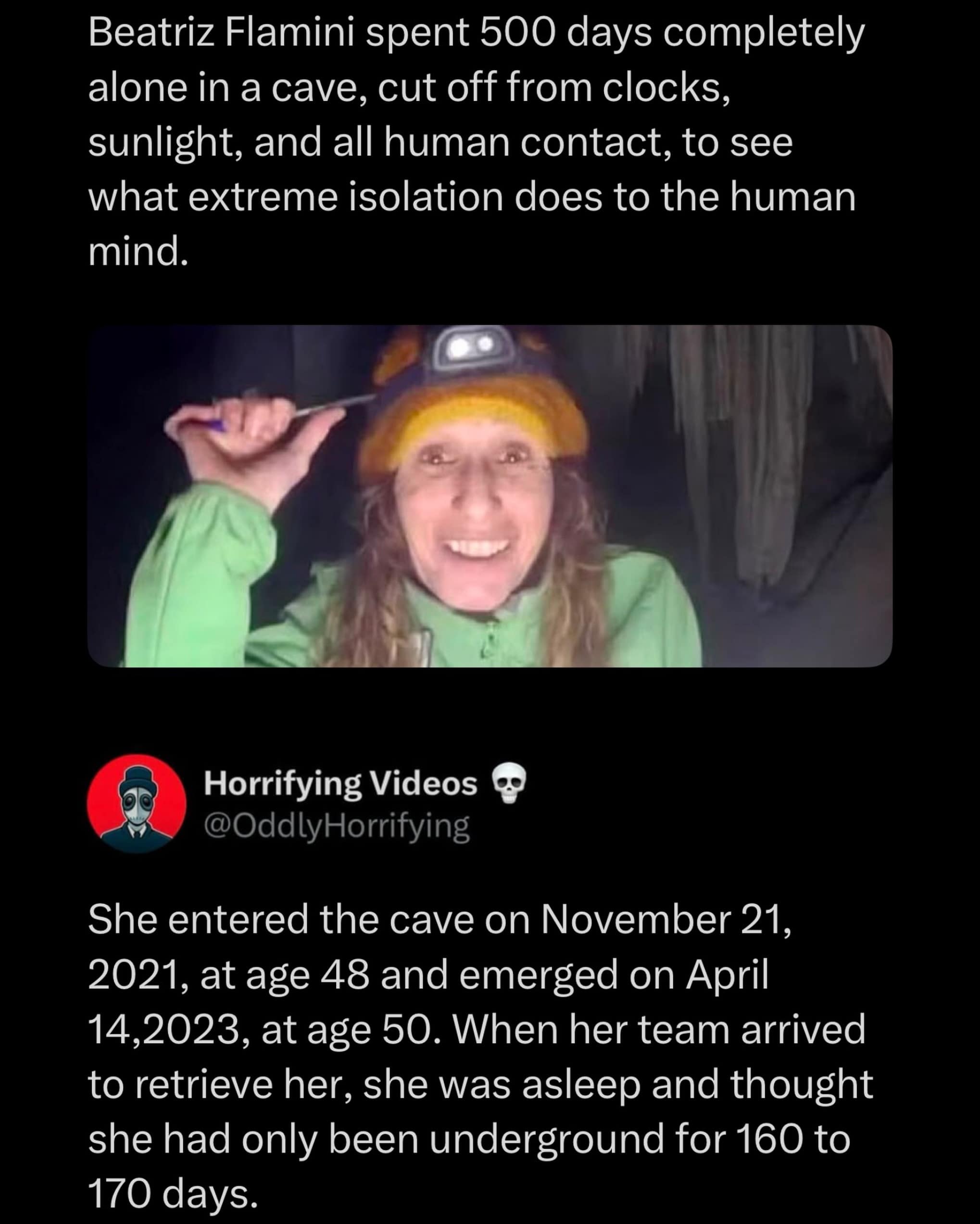 A viral science news post featured as a funny picture detailing cave researcher Beatriz Flamini spending 500 days underground in isolation and losing track of time.
