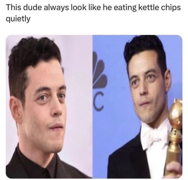 A celebrity observation post in this meme dump comparing actor Rami Malek's intense facial posture to someone trying to eat kettle chips silently.