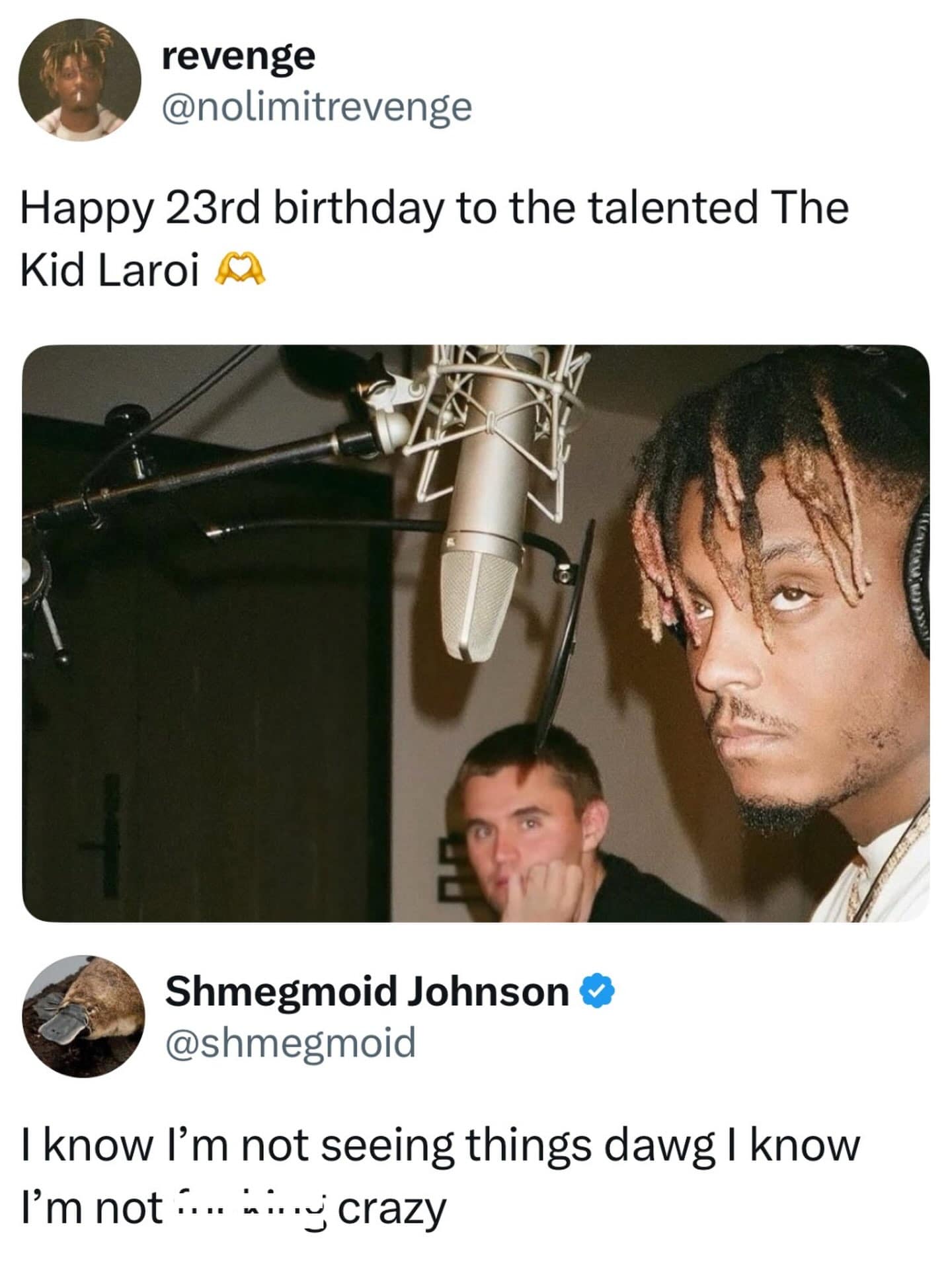Social media post wishing a happy birthday to The Kid Laroi using a studio photo of late rapper Juice WRLD, prompting a hilarious, confused reply in a funny meme.