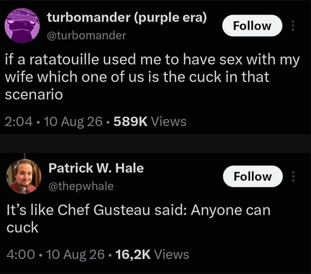 Social media exchange discussing the philosophical implications of Pixar's Ratatouille rat controlling a chef during personal intimacy, parodying a famous quote from the movie.