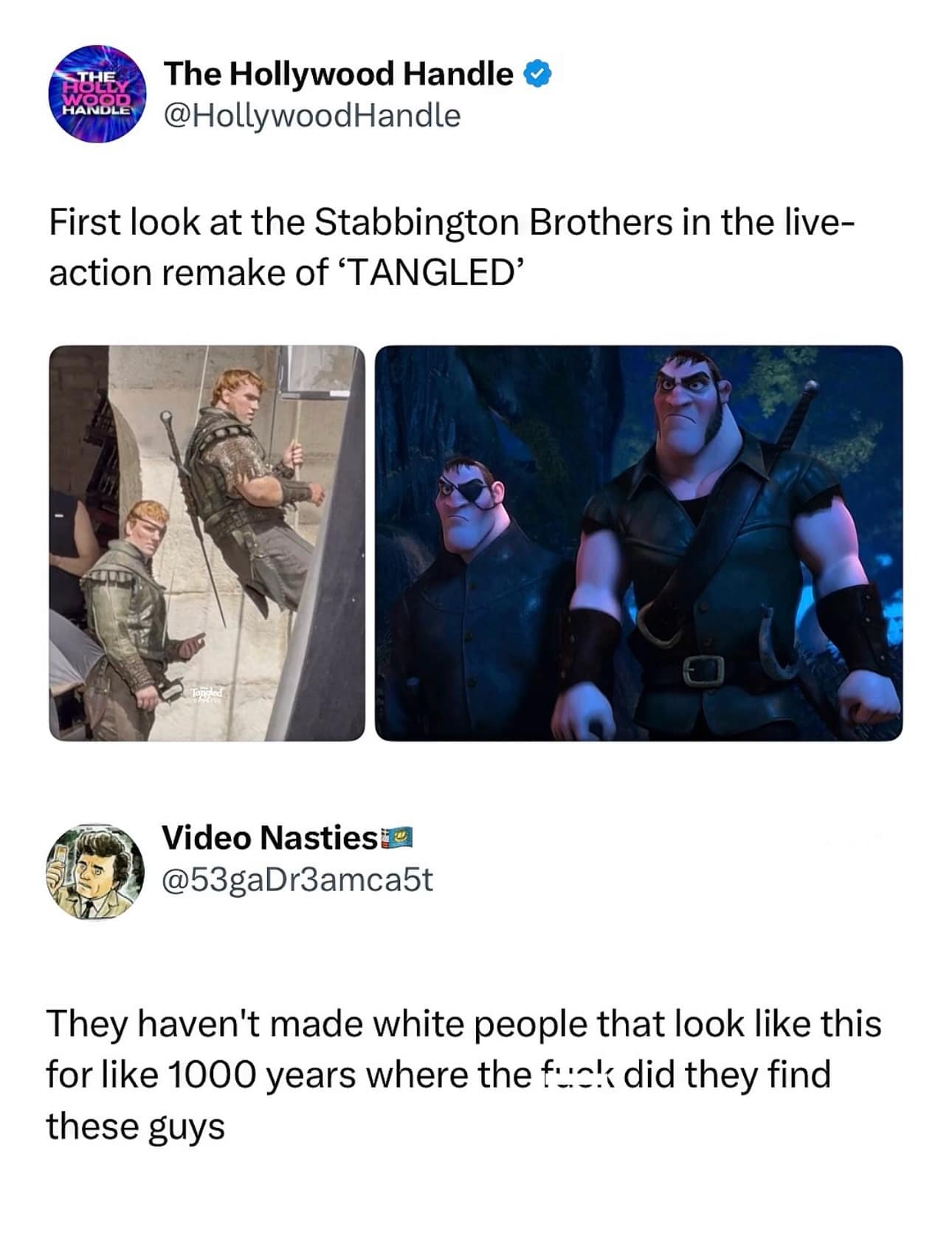 A viral casting reaction in this meme dump compares set photos of the Stabbington Brothers from the live-action Tangled remake, with a tweet asking where Hollywood found men who look a thousand years old.