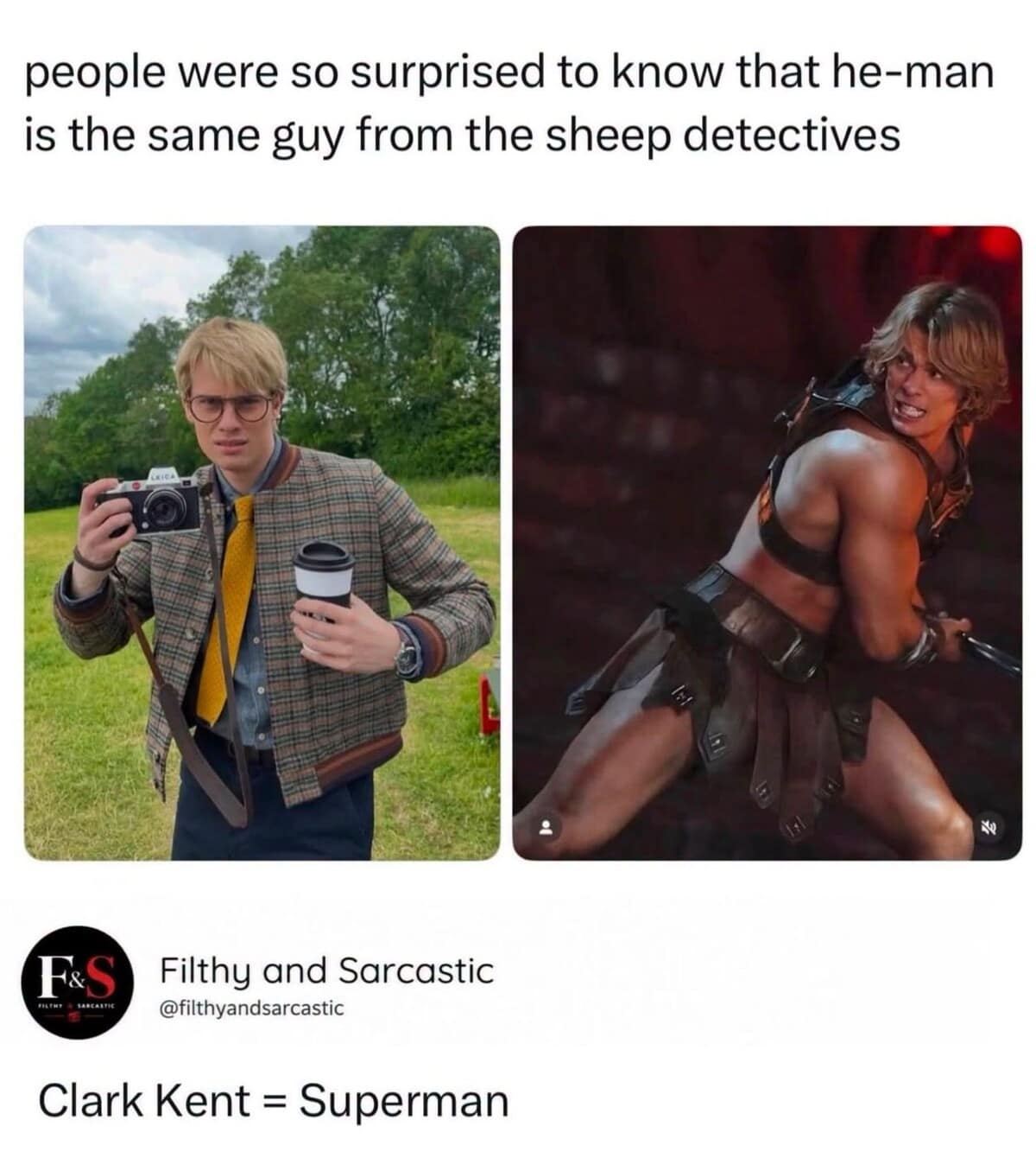 A pop-culture transformation post acting as a funny meme comparing Nicholas Galitzine in nerd glasses to his buff He-Man physique, labeled "Clark Kent = Superman."