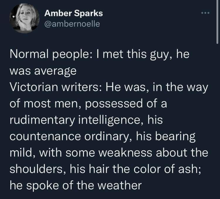 A Victorian literature roast tweet in this meme dump by Amber Sparks contrasting modern descriptions of an average guy with florid 19th-century prose about weak shoulders and ash-colored hair.
