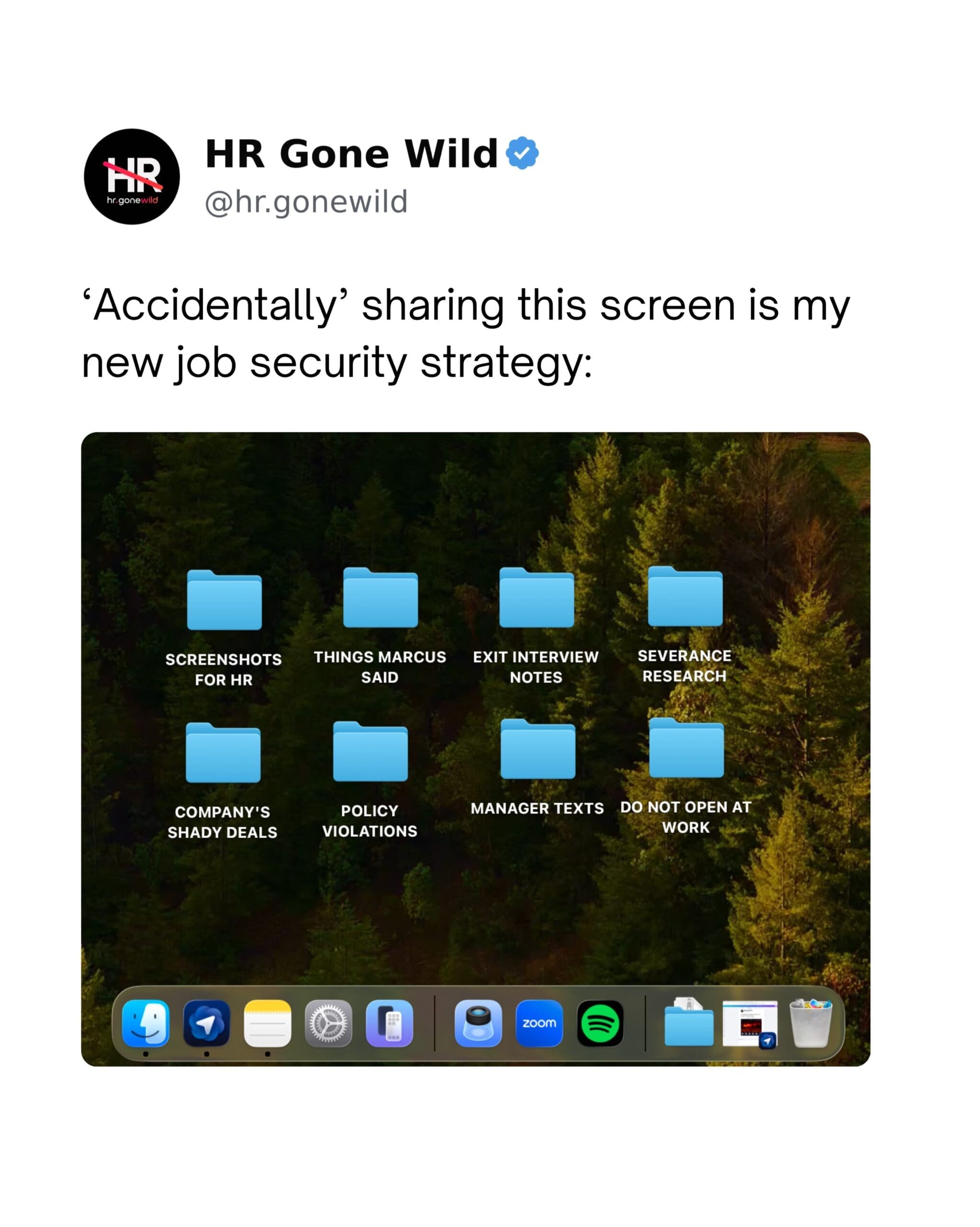 A passive-aggressive workplace job security meme dump image showing a desktop background organized with blackmail folders like "COMPANY'S SHADY DEALS" and "POLICY VIOLATIONS."