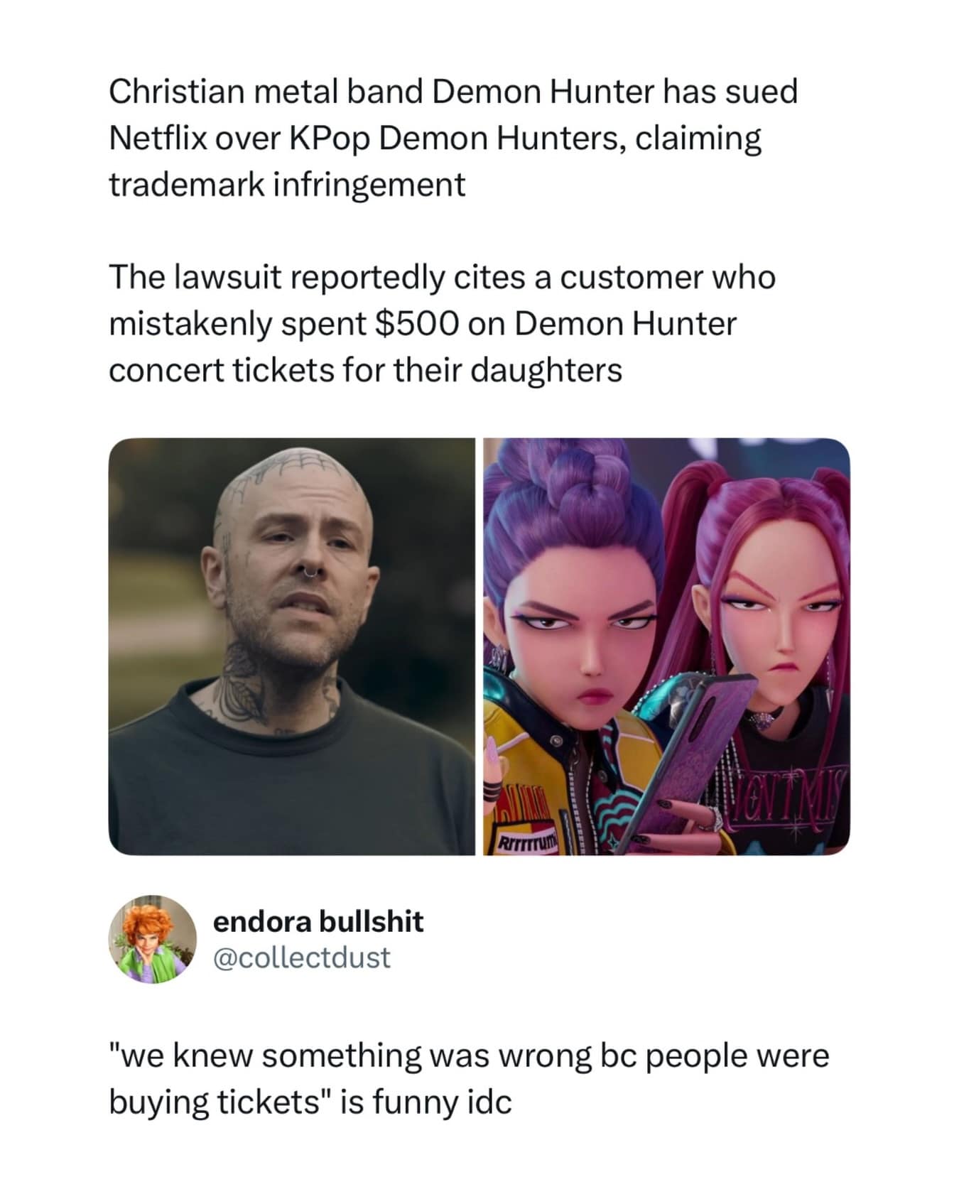 News graphic describing a trademark lawsuit between metal band Demon Hunter and a K-pop project, paired with sarcastic commentary about sudden ticket sales in a meme dump entry.