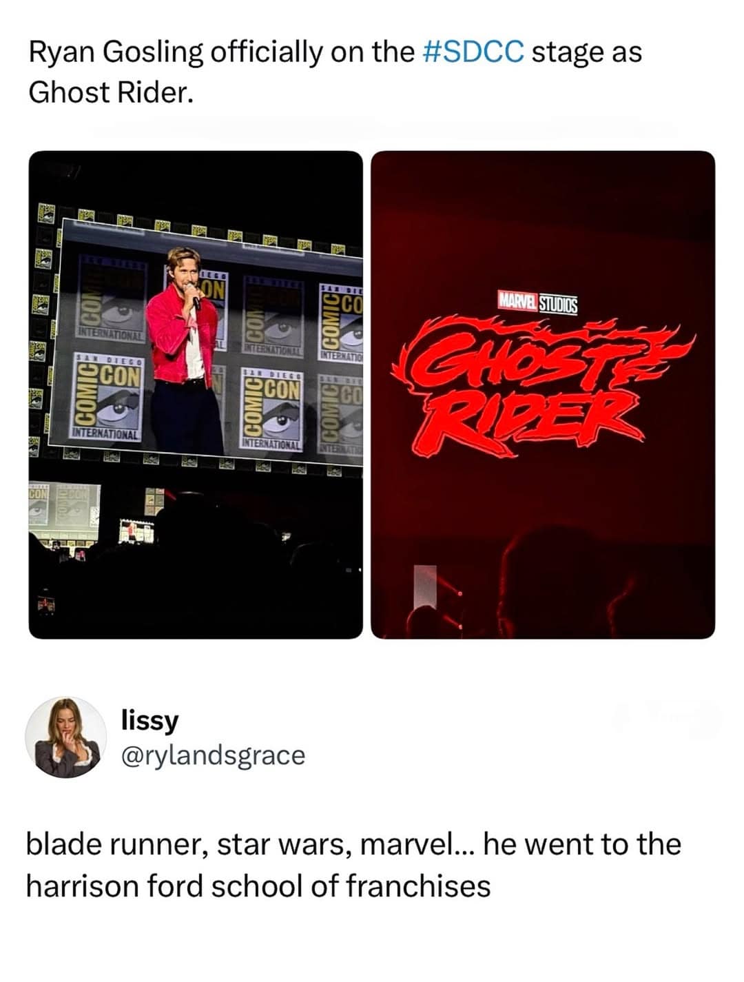 San Diego Comic-Con reveal post in the meme dump shows Ryan Gosling on stage for Ghost Rider, with a tweet pointing out he followed the Harrison Ford path through major film franchises.
