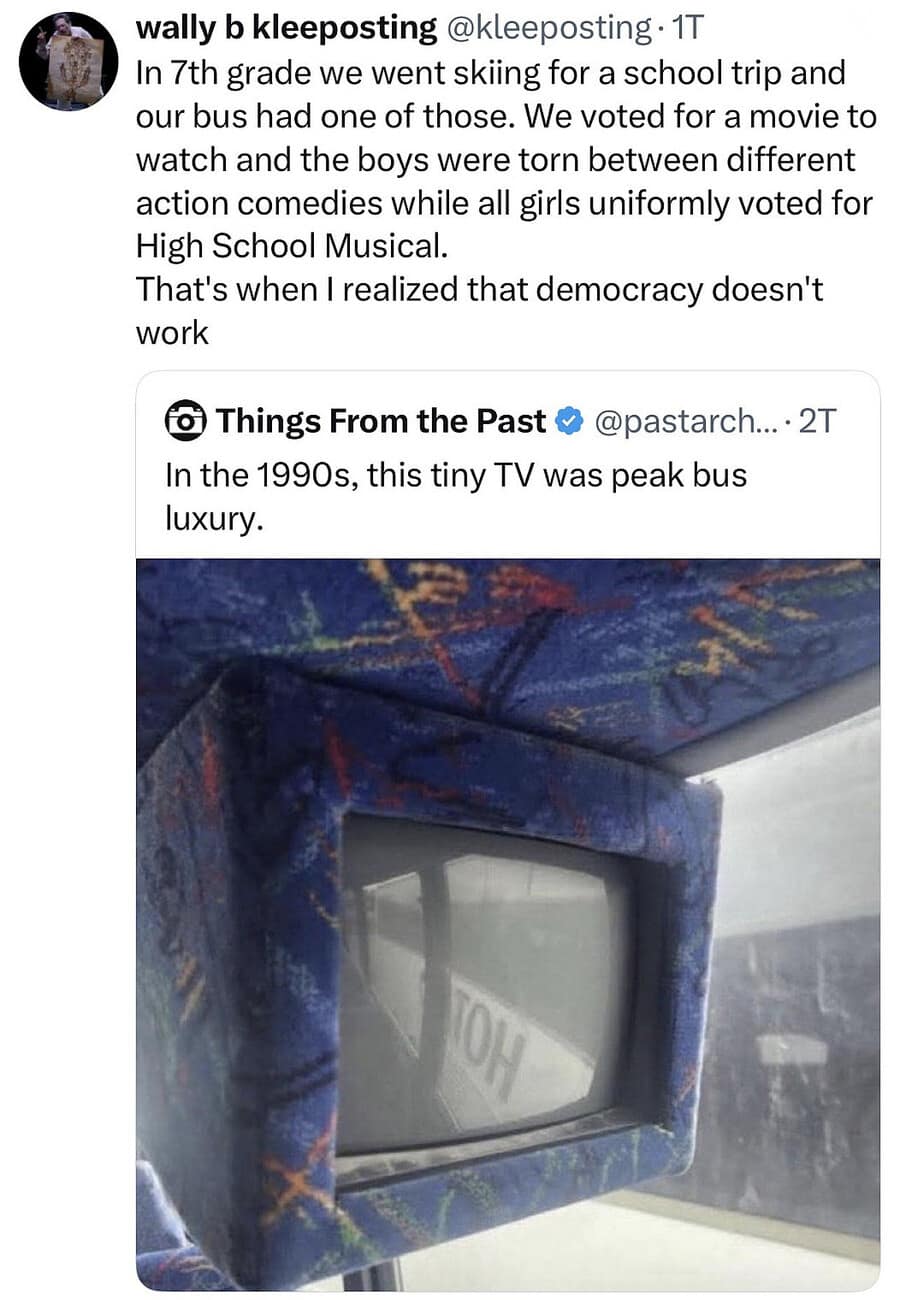 A 90s bus nostalgia post featured in this meme dump showing a tiny ceiling CRT monitor, recounting a middle school movie vote that shattered faith in democracy.