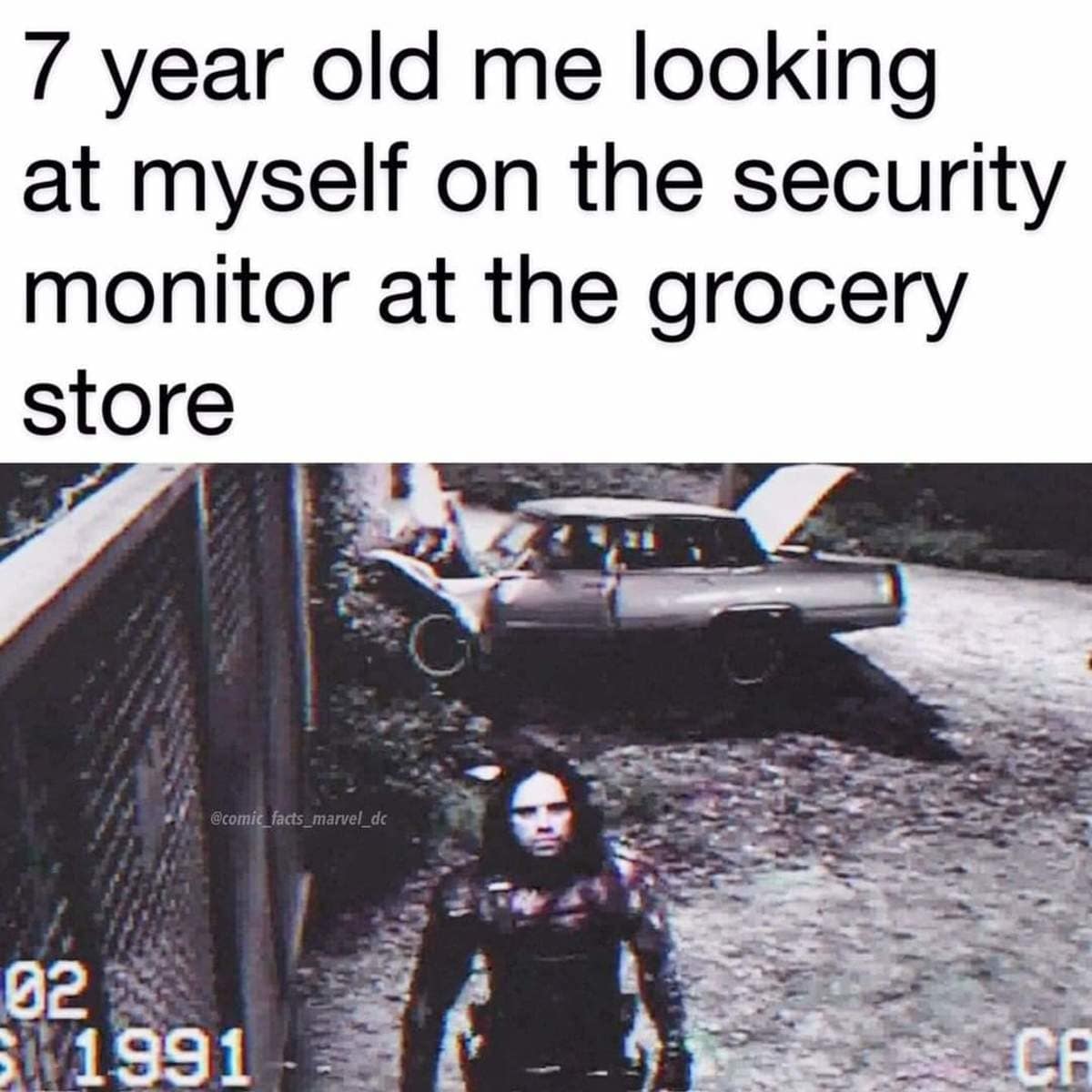 A childhood grocery store memory post in this meme dump using grainy security footage of the Winter Soldier staring menacingly into a 1991 surveillance camera.