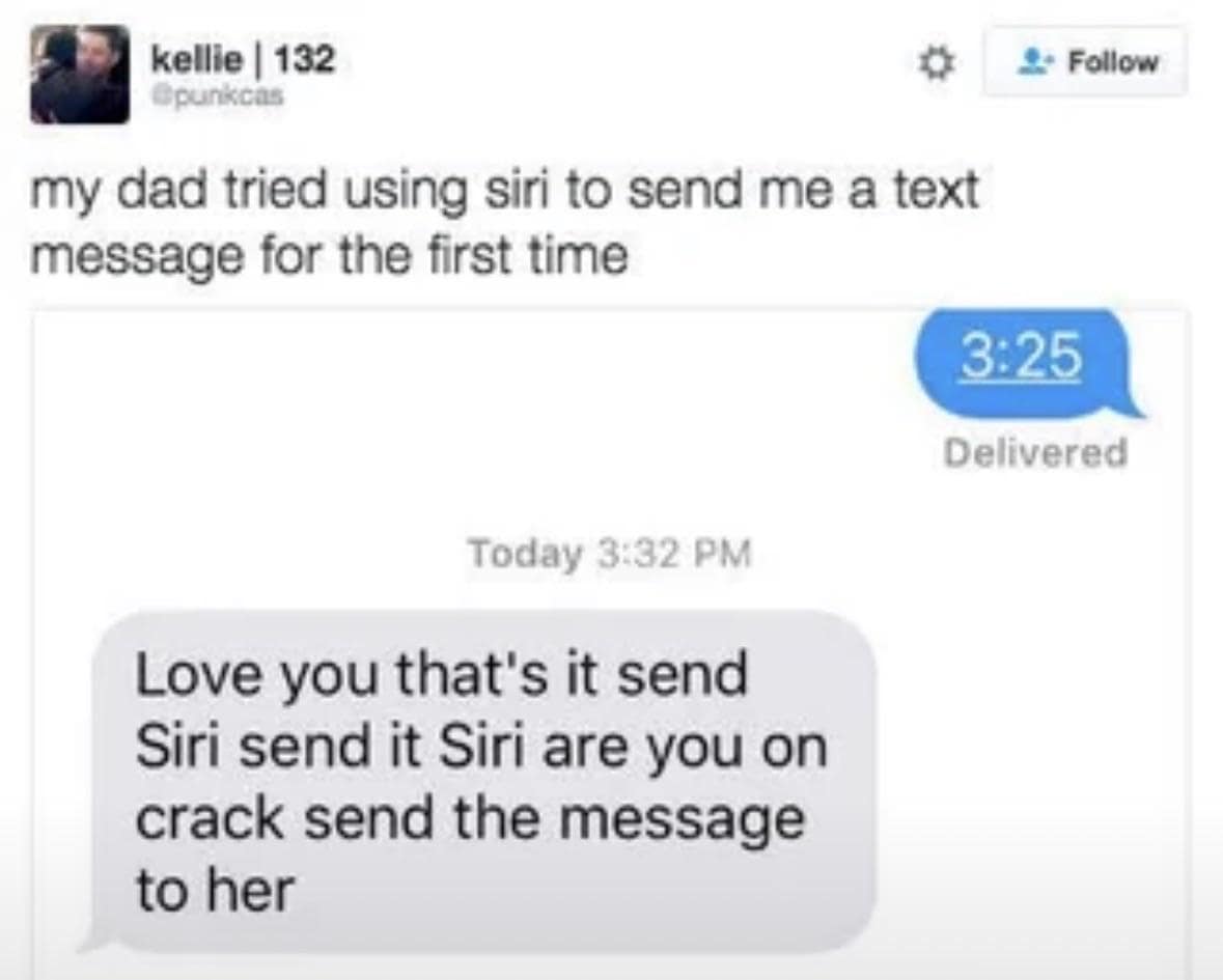 A hilarious parent text message screenshot featured as a funny meme showing a dad's first time using voice-to-text, resulting in Siri recording "are you on crack send the message to her."