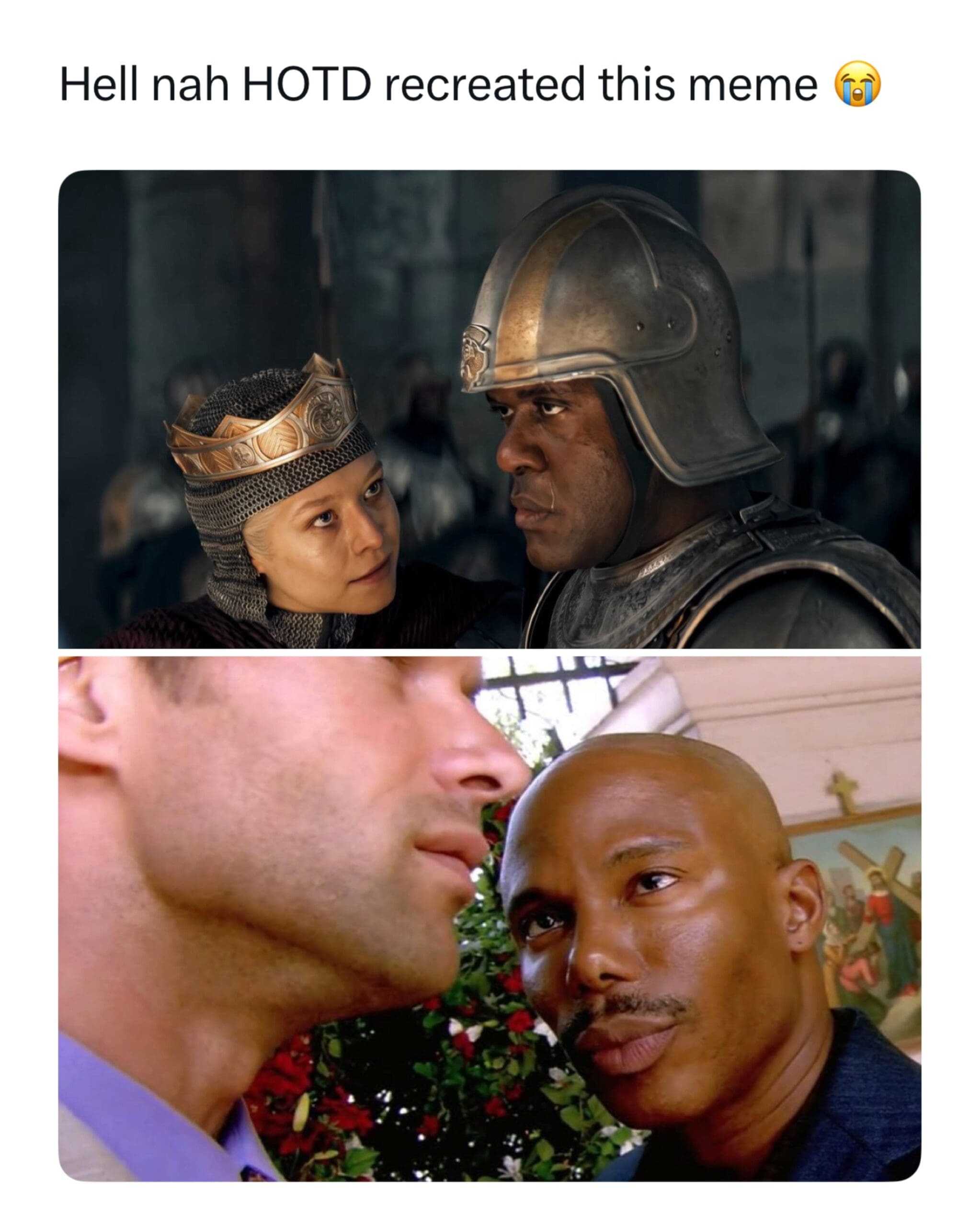 A TV cinematography comparison in a meme dump showing a House of the Dragon helmet confrontation scene side-by-side with Doakes' famous face-to-face meme from Dexter.