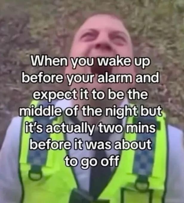 A morning despair reaction image in a meme dump featuring a high-vis police officer screaming at the sky after waking up two minutes before his alarm.