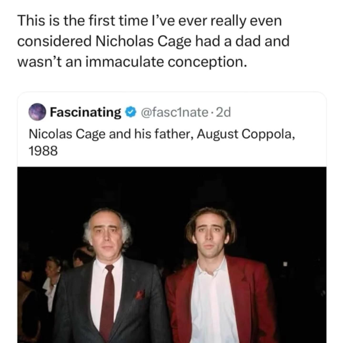 Flash photography portrait from 1988 showing a young actor Nicolas Cage standing next to his father, August Coppola, at a public event.