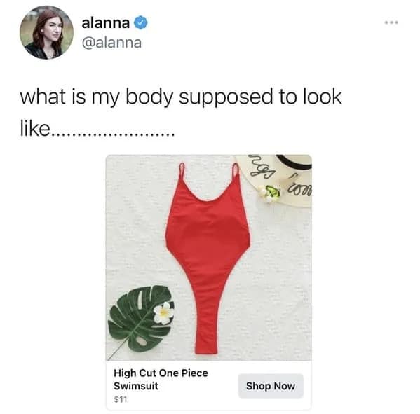 An online shopping listing for an extremely high-cut red one-piece swimsuit with an impossibly narrow waist design, raising unrealistic body proportion questions.
