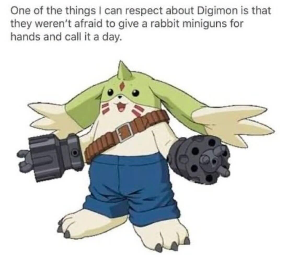 A retro anime appreciation post in this meme dump highlighting Gargomon from Digimon, admiring character designers for putting massive miniguns on a giant rabbit.