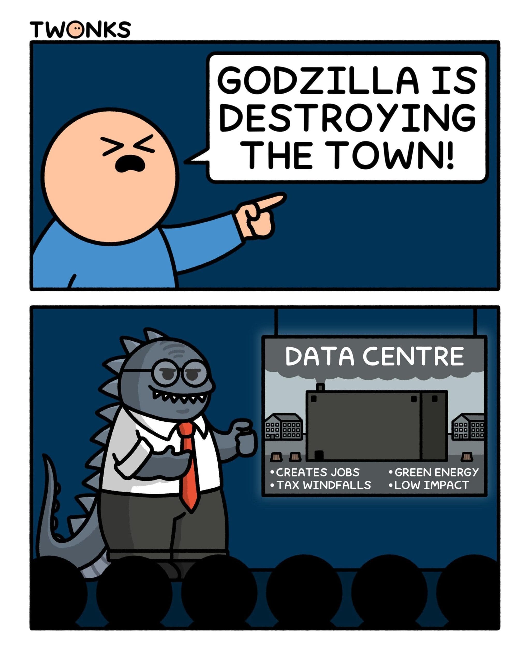 A satirical corporate tech comic in this hilarious meme set where someone screams about Godzilla destroying the city, only for Godzilla in glasses and a tie to pitch a data center project to a crowd.