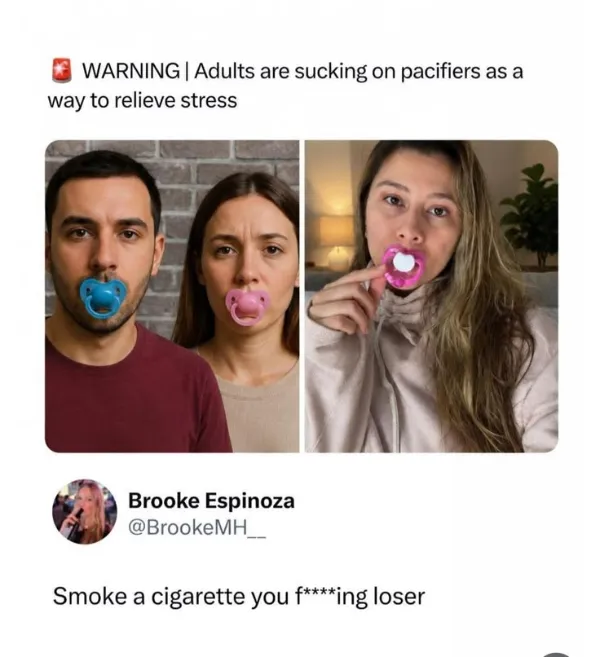 A trend callout post in this meme dump featuring a news warning about adults using pacifiers for stress relief, met with a blunt social media reply.